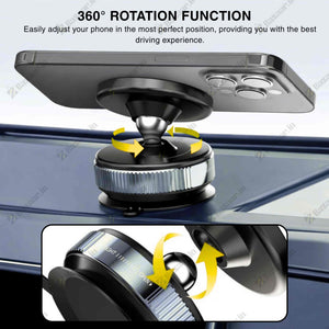Car phone holder with 360-degree rotation function on a car dashboard.
