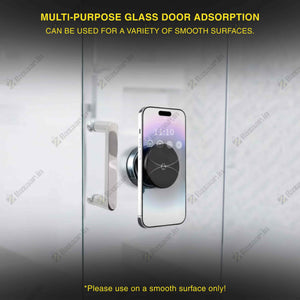 Smart lock on a glass door with smartphone display, featuring text about multi-purpose glass door adsorption.