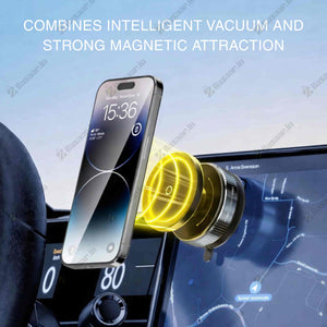 Phone holder combining intelligent vacuum and strong magnetic attraction on a car dashboard.
