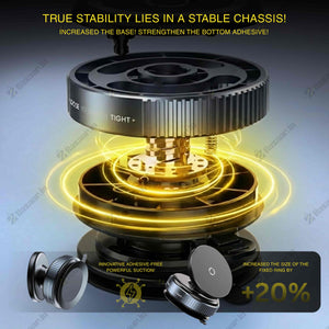 Camera lens support with stability text and product details on a gradient background