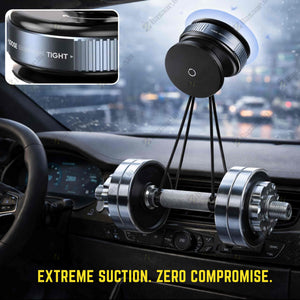 Car mount with extreme suction system on a car dashboard, showing close-up of suction cup.