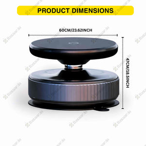 Black swivel stand with dimensions labeled on a white background