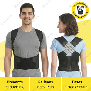 Two people wearing black back braces with text indicating benefits on a white background.