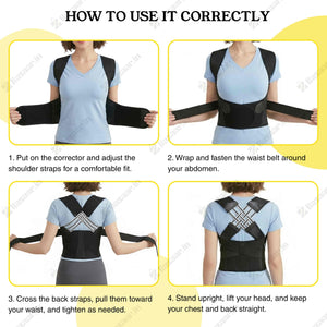 Instructions on how to use a posture corrector with a person wearing it.