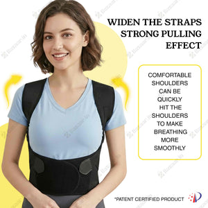 Woman wearing a black back brace with promotional text on a white background
